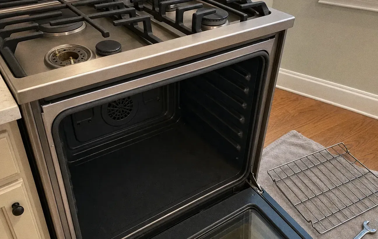 A stainless range with the oven door fully open on an empty cavity and a chrome rack lying on a towel on the floor