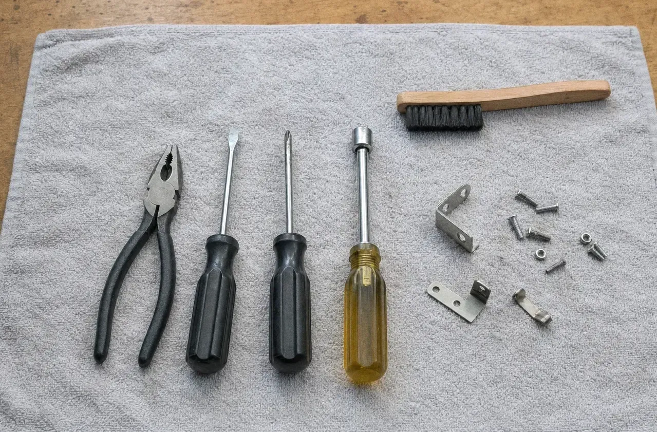 Pliers, three screwdrivers, a nut driver and a wire brush set out in a row with two steel brackets and small clips