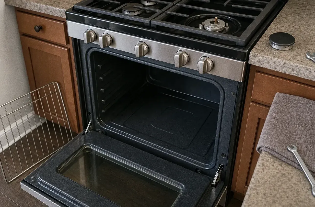 A black and stainless gas range built into cherry cabinets, oven door open on an empty cavity and cast grates above