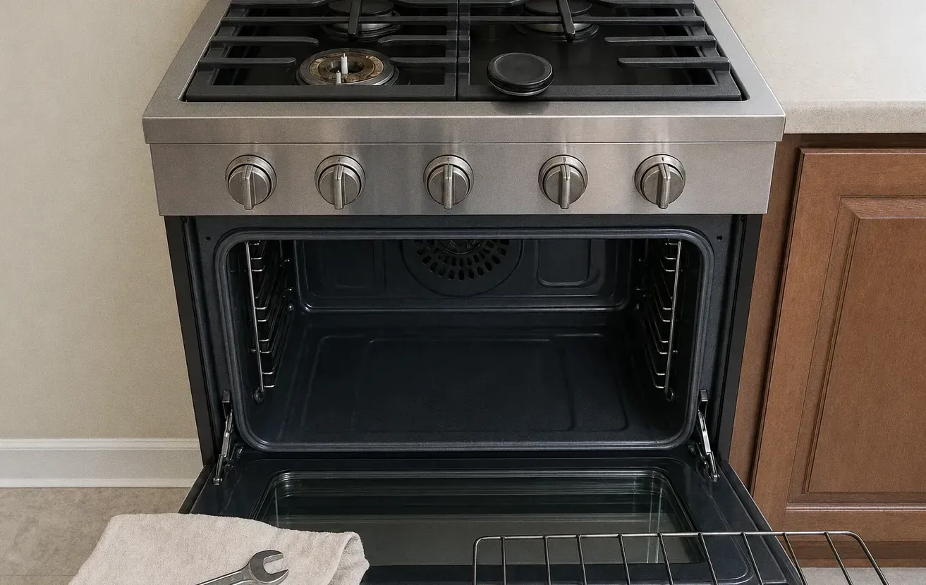 A stainless professional-style gas range with five knobs, oven door open on an empty cavity and a rack propped against it