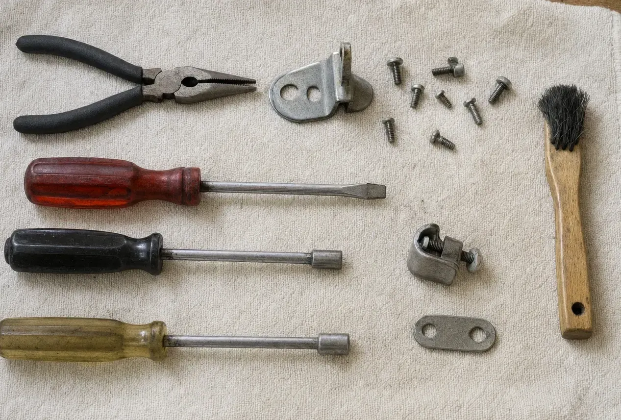 Pliers, three screwdrivers and a wire brush beside a hinge bracket, a small clamp and scattered screws and nuts